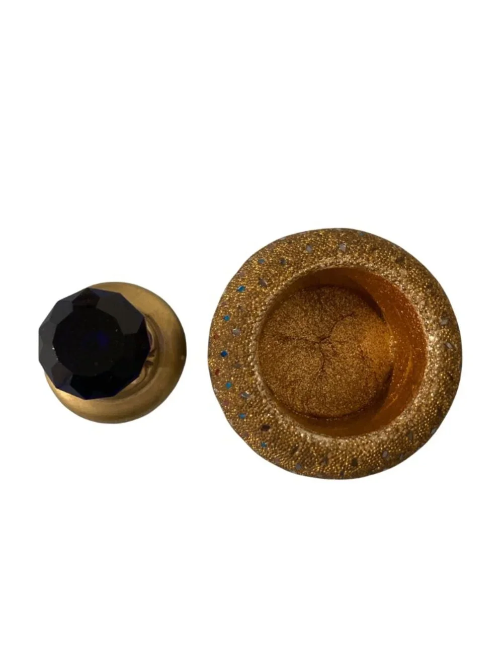 Vintage Gold And Jewel-Tone Mosaic Decorative Trinket Box With Blue Faceted Lid
